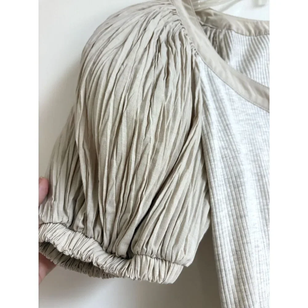 Ulla Johnson Marika Pleated Puff Sleeve Ribbed Henley Blouse Top Cobblestone S